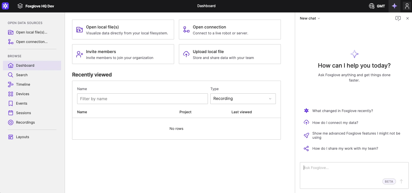 The Foxglove app with the agent sidebar open alongside the dashboard