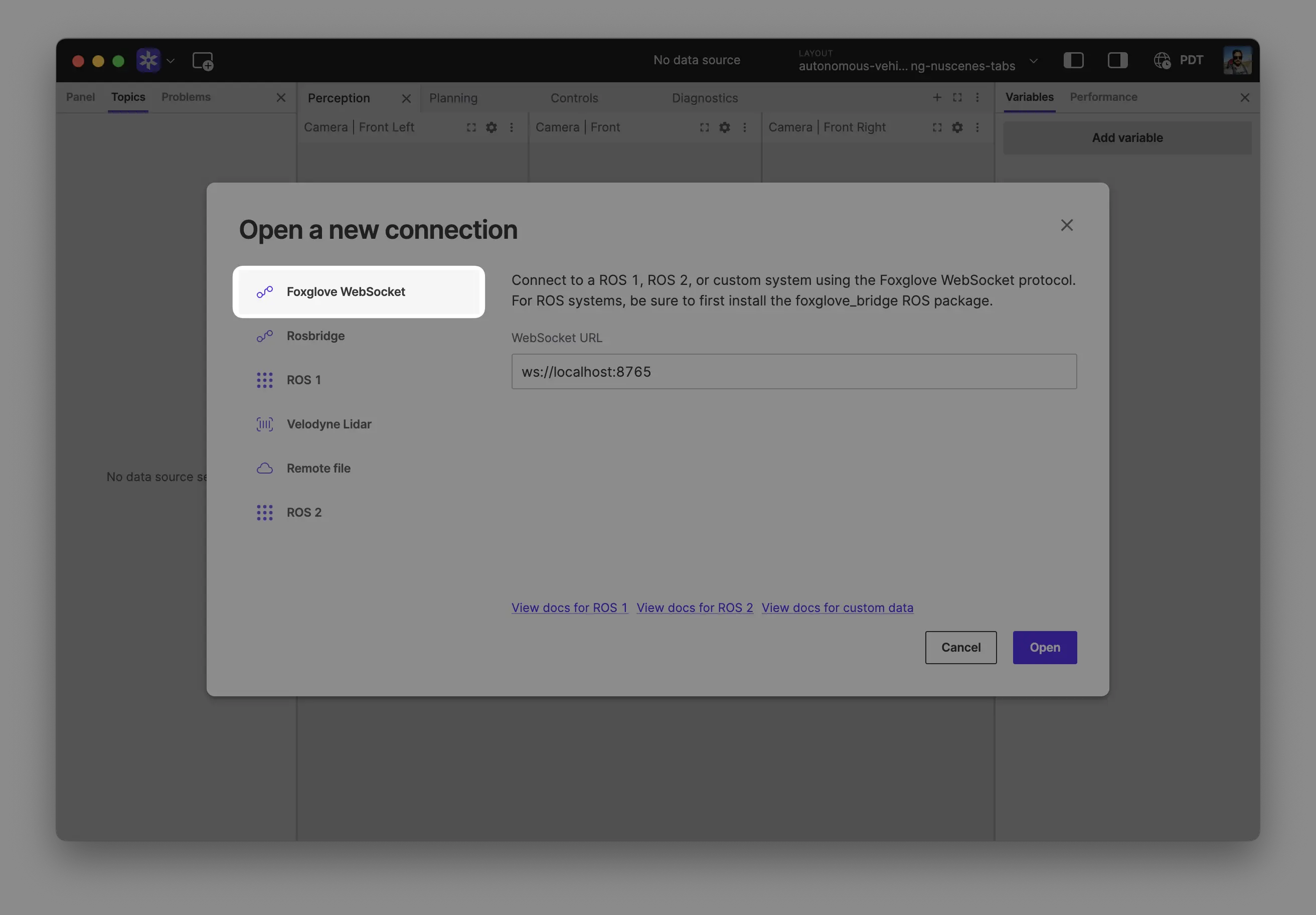 Foxglove WebSocket dialog