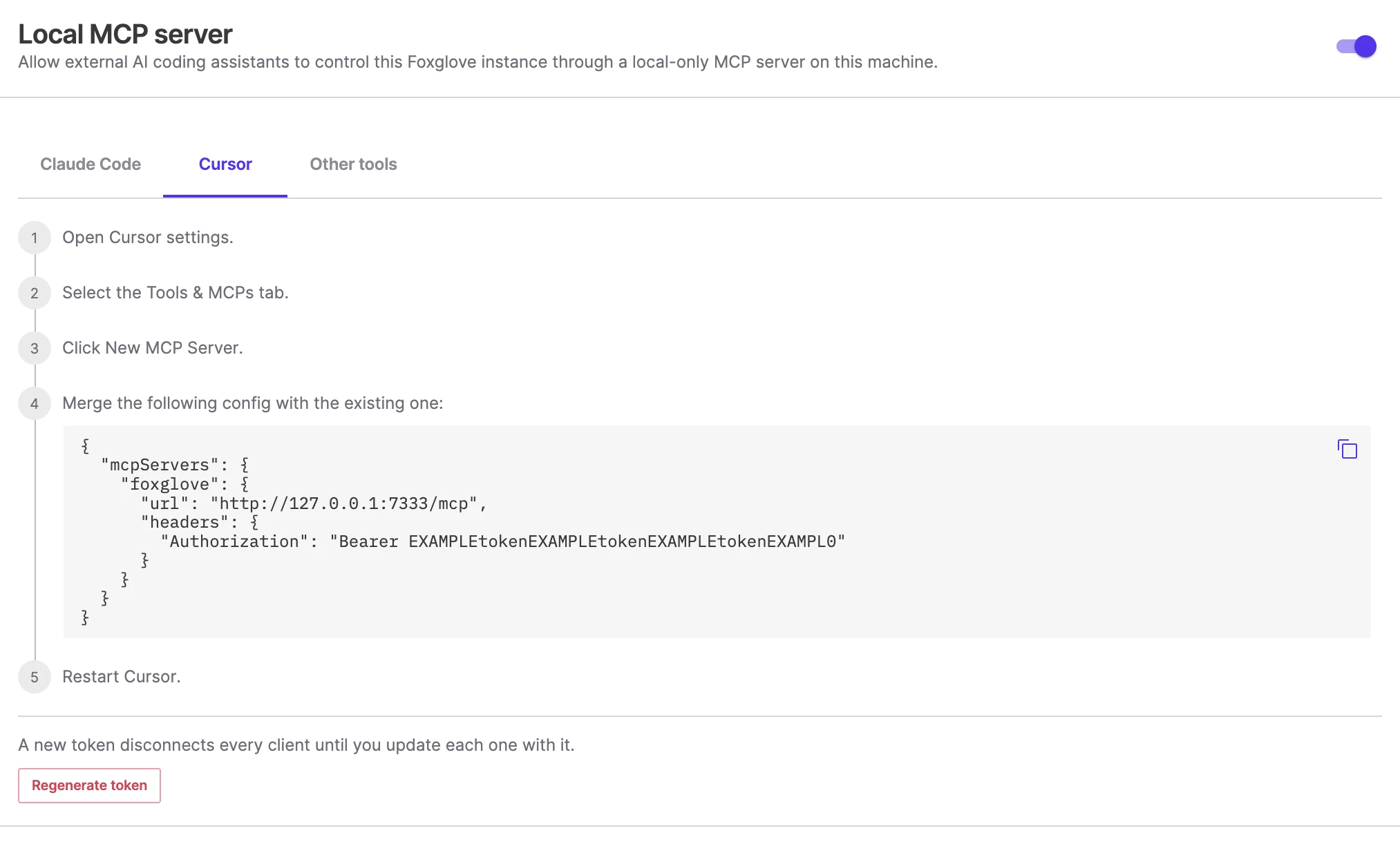 The Local MCP server settings with the toggle enabled and per-client setup instructions