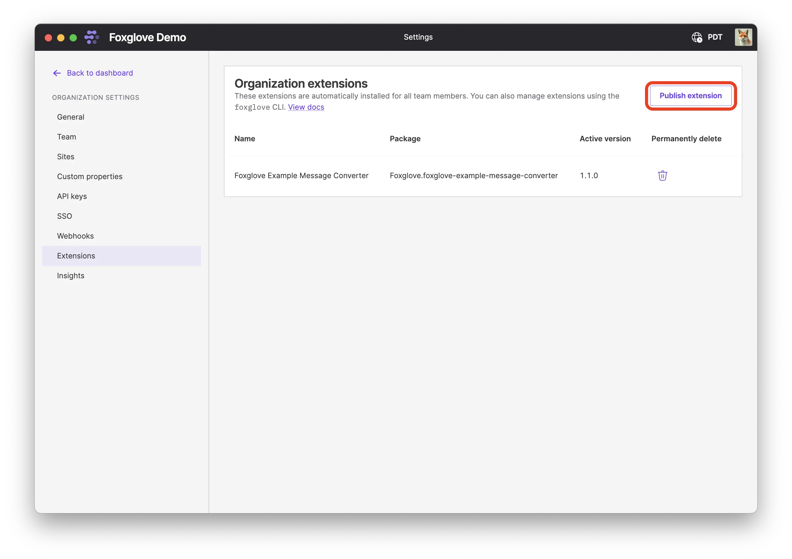 Publish organization extensions from UI