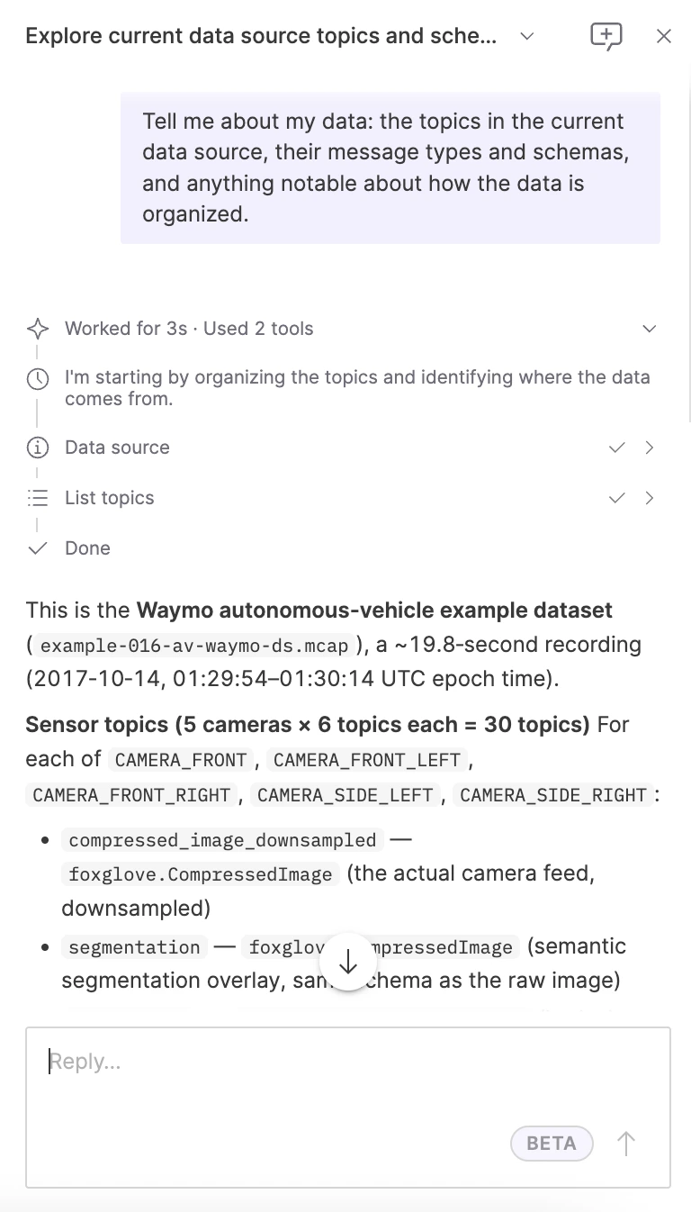 An expanded tool rollup listing each call the agent made, with its reasoning between them, above the grounded answer