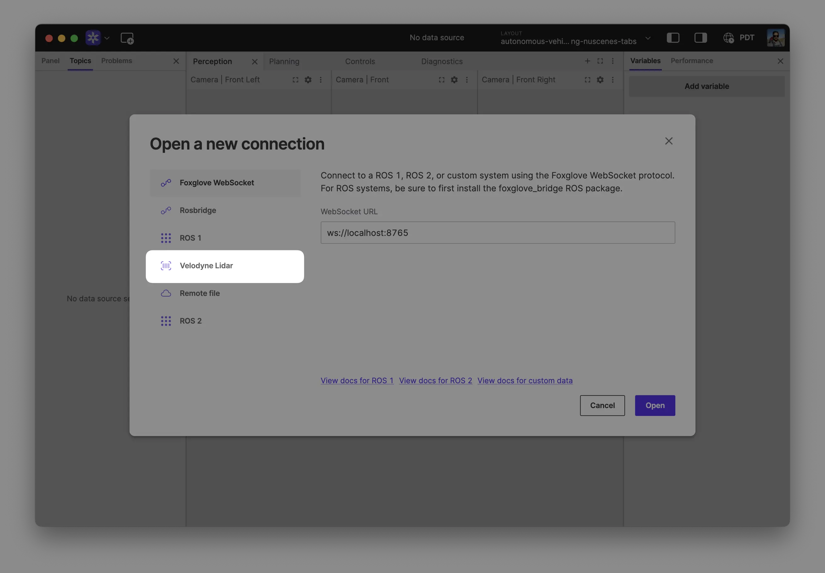 Velodyne Lidar dialog